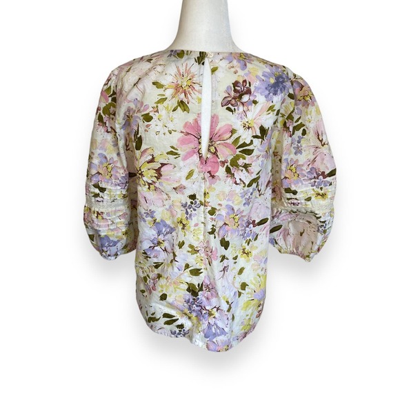 Sanctuary Linen Blend Top Ivory Eyelet Gathered Keyhole Back Floral 3/4 Sleeve - Picture 6 of 9